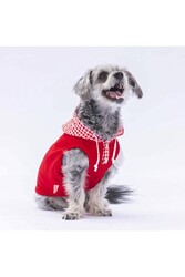 Pawstar Kırmızı Gingham Kapşonlu Kedi Köpek Tişörtü Kedi Köpek Kıyafeti 2XL - Thumbnail